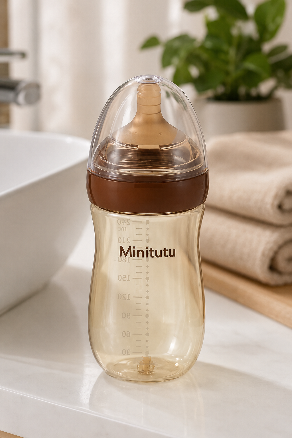 Minitutu Anti-Bloating PPSU Feeding Bottle 240ml | L-Hole Silicone Nipple for 6–10 Months | CB716 Brown